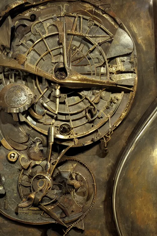 Image similar to a martian artifact of a mechanical astrological machine in a museum with a description placard, bronze, old, alien, verdigris, mechanical, museum display