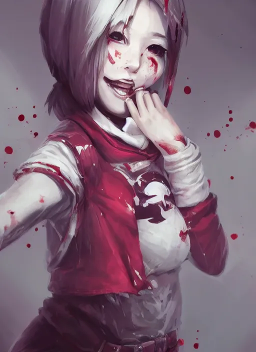 Image similar to a highly detailed illustration of short hair cute japanese girl wearing blood stained hoodie and bandages on legs, dramatic sadistic smile pose, intricate, elegant, highly detailed, centered, digital painting, artstation, concept art, smooth, sharp focus, league of legends concept art, WLOP