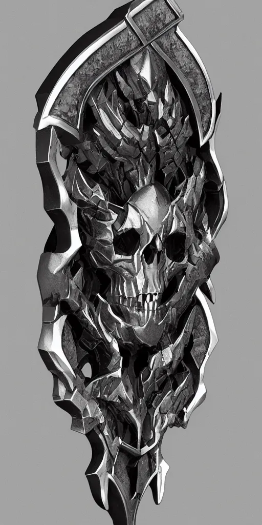 Image similar to a black and silver axe skull crest, ornament, dwrven weapon, by dom qwek, trending on polycount, artstation, hard surface modeling