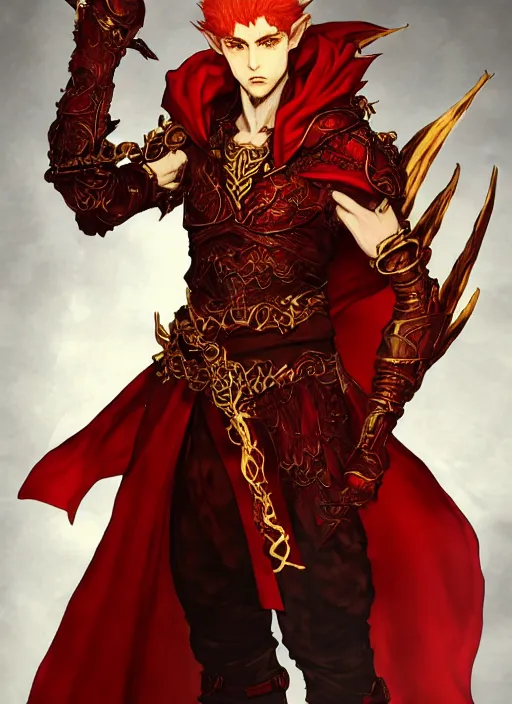 Image similar to Half body portrait of a handsome young red haired elven monk prince with dragon eyes, staff and red and golden ornate dragon robe. In style of Yoji Shinkawa and Hyung-tae Kim, trending on ArtStation, dark fantasy, great composition, concept art, highly detailed.