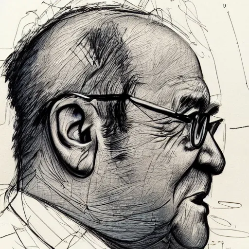 Prompt: a realistic yet scraggly portrait sketch of the side profile of a stern and sophisticated danny devito, trending on artstation, intricate details, in the style of frank auerbach, in the style of sergio aragones, in the style of martin ansin, in the style of david aja, in the style of mattias adolfsson