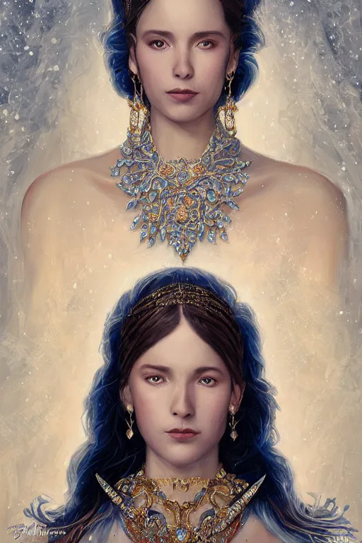 Image similar to portrait of a beautiful stunning peaceful majestic ice queen wearing intricate jewelry, oil on canvas, baroque style, perfect symmetrical face, mood lighting, ornate and elegant, winter, philosophical, painterly, 🌚, digital art, detailed, trending on artstation