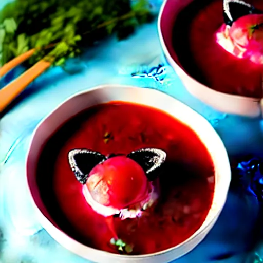 Prompt: a bowl of borscht wearing anime cat ears, award winning food photo, 4 k, delicious, polish food, high quality