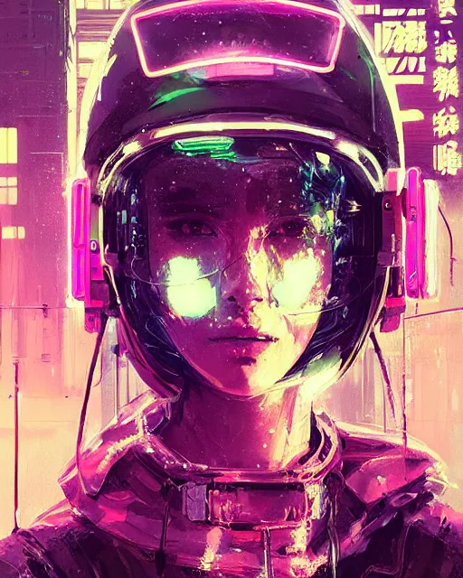 Prompt: detailed portrait neon operator girl, cyberpunk futuristic, neon, neon visors, reflective puffy coat, decorated with traditional japanese by ismail inceoglu dragan bibin hans thoma greg rutkowski alexandros pyromallis nekro rene margitte, illustrated, perfect face, fine details, realistic shaded, fine - face, pretty face