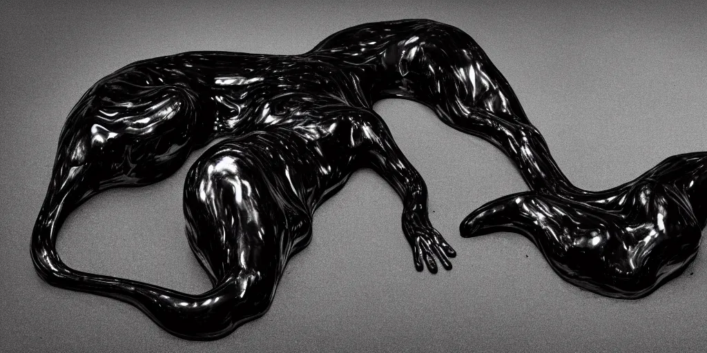 Prompt: a shiny black goo covered panther, panther made of black goo, goo panther, panther made of goo, latex shiny, laying on a tar, covered white couch in a living room, dripping and drooling black goo. digital art, photography, ferrofluid