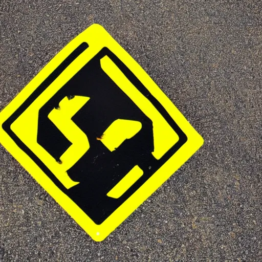 Prompt: a yellow road sign with a warning symbol on the street