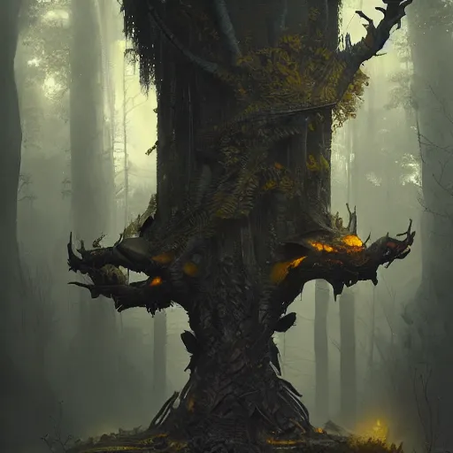 Image similar to living tree, in the shape of a rat with legs tail and yellow eyes, dark forest with black colour, by greg rutkowski, trending on art station, highly detailed, magic the gathering, matte painting