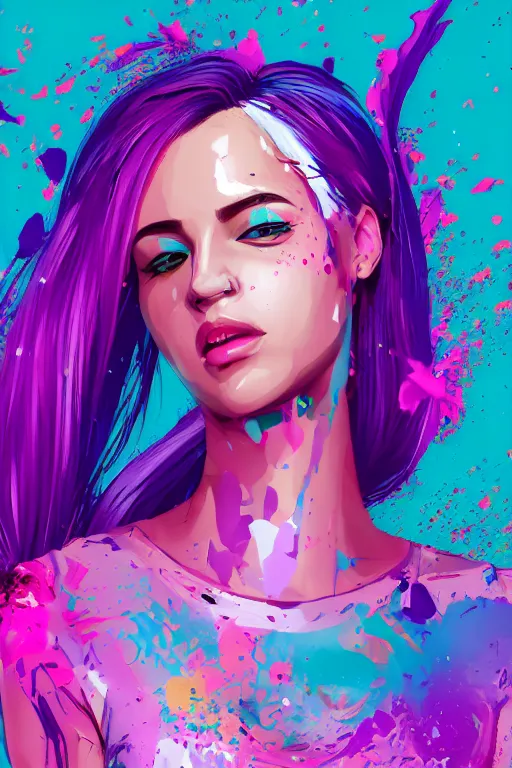 Prompt: a award winning half body porttrait of a beautiful woman in a croptop and cargo pants with ombre purple pink teal hairstyle with head in motion and hair flying, paint splashes, splatter, outrun, vaporware, shaded flat illustration, digital art, trending on artstation, highly detailed, fine detail, intricate