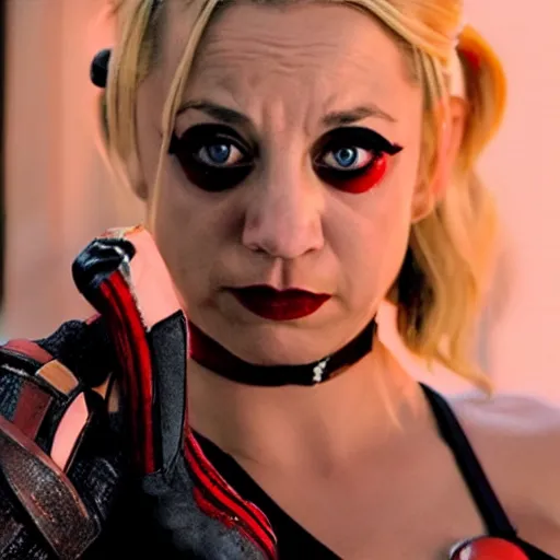 Image similar to A still of Kaley Cuoco as Harley Quinn