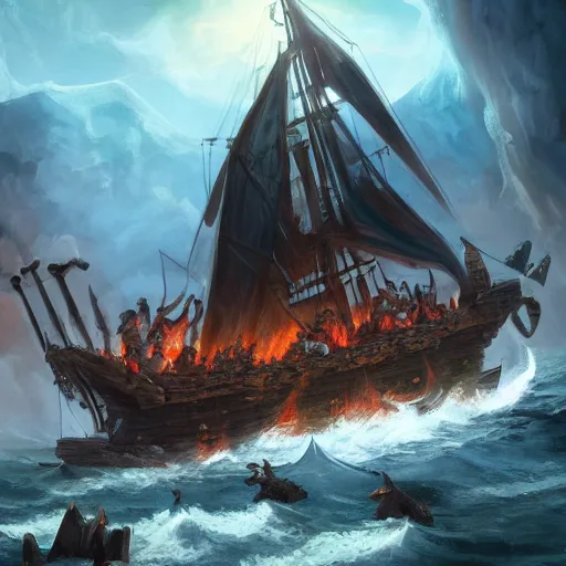 Prompt: a group of dnd adventurers aboard a galleon in the middle of a cataclysm, epic, fantasy, artstation, hd