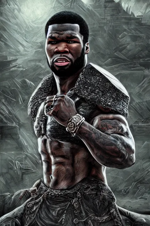 Prompt: highly detailed elden ring portrait photo of a 5 0 cent in a scenic dystopian environment, hyperrealistic illustration by william didier - pouget