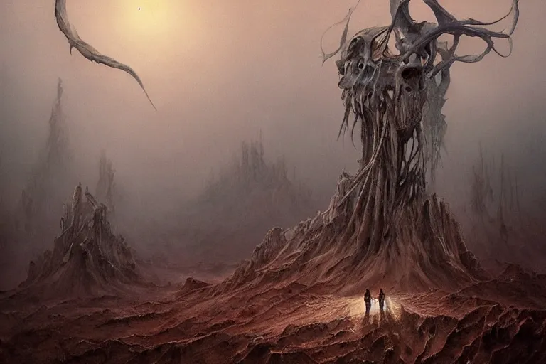 Image similar to amazing concept painting, by Jessica Rossier and HR giger and Beksinski, prophecy, hallucination, the middle of a valley; it was full of bones, bones that were very dry, there was a noise, a rattling sound, and the bones came together, bone to bone , I looked, and tendons and flesh appeared on them and skin covered them, but there was no breath in them and breath entered them, they came to life and stood up on their feet a vast army