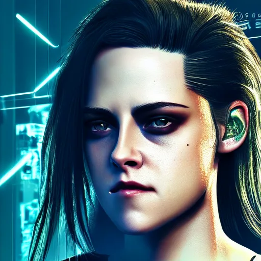 Image similar to kristen stewart portrait, Cyberpunk 2077, photorealistic, ultra detailed, cybernetic head, neon, octane, bokeh, cyber, cyber style, feature, scars, cyberface, 8k