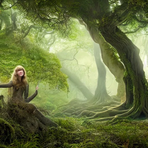 Image similar to Portrait of Taylor Swift as a dryad, characteristic sparkling green eyes, looking straight to the camera, illuminated for rays of light, behind her is an ancient forest full of life, by Annie Leibovitz, Ellie Victoria Gale and Steve McCurry, matte painting, oil painting, naturalism, 4k, 8k