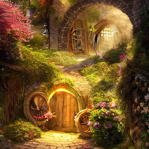 Prompt: my precious! - the hobbit - j. r. r. tolkien - a medieval village in switzerland, ornate, beautiful, atmosphere, vibe, flowers, concept art illustration, greg rutowski, volumetric lighting, sunbeams, particles