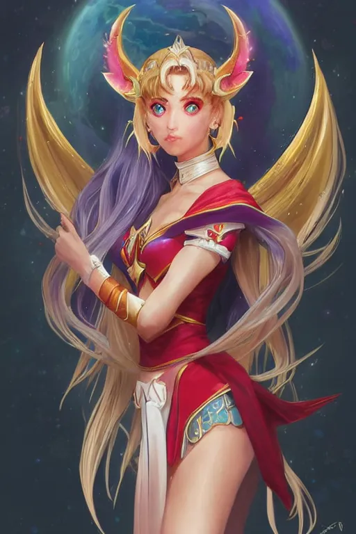 Image similar to Sailor Moon as a blood elf, world of warcraft, wow , intricate, elegant, highly detailed, digital painting, artstation, concept art, smooth, sharp focus, illustration, art by artgerm and greg rutkowski and alphonse mucha