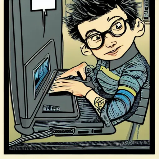 Image similar to illustration of a boy connected to his laptop with wires, highly detailed, by butcher billy, mcbess, rutkowski, james jean,