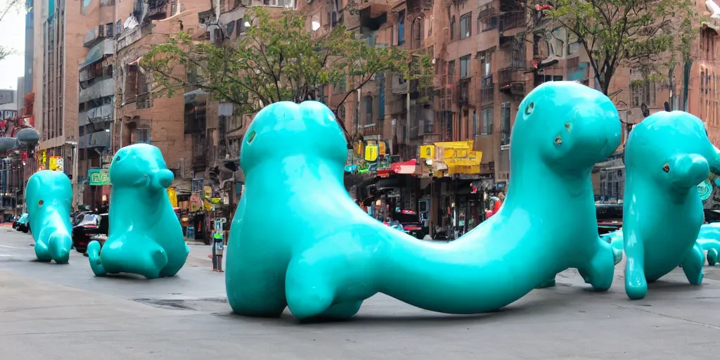 Image similar to huge turquoise weenies walk around the city