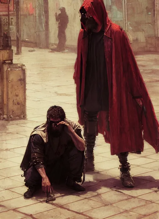 Image similar to cyberpunk beggar priest on streetcorner ( blade runner 2 0 4 9, cyberpunk 2 0 7 7 character design ). orientalist portrait by john william waterhouse and james gurney and theodore ralli and nasreddine dinet, oil on canvas. cinematic, hyper realism, realistic proportions, dramatic lighting, high detail 4 k