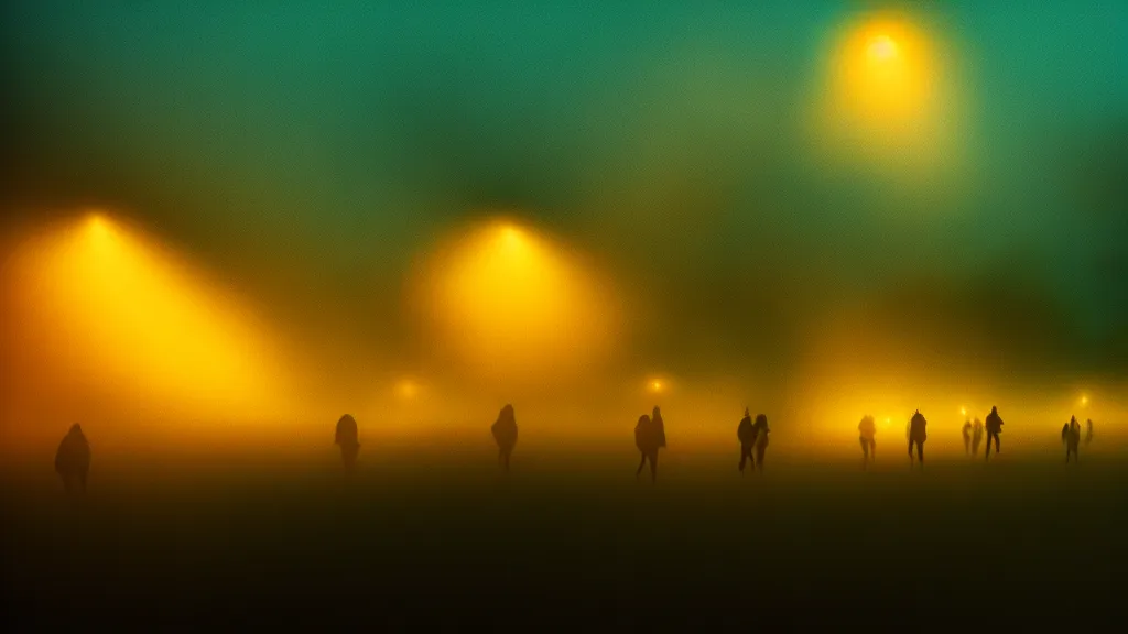 Image similar to the crowd flees the village, fog, volumetric lighting, mystique, atmospheric, golden hour, teal and orange, sharp focus, ultra detailed, noir art house, 4 k, cinematic, 3 5 mm