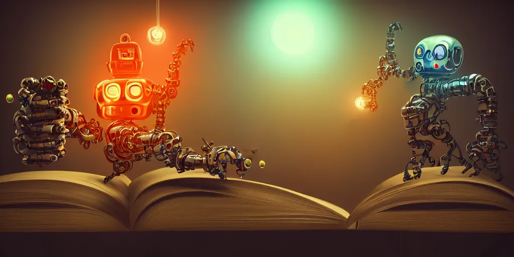 Image similar to A frightening multi armed evil robot devouring books with pipes and tubes and pages floating down, hyperealistic very colourful hdr cinematic lighting cgi render photorealistic cinematic octane render