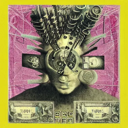 Image similar to post - punk new age album cover, asymmetrical design, in a frame, dollar bank notes, capitalism, magic, apocalypse, psychedelic, black white pink, magic, giger h. r., giuseppe arcimboldo