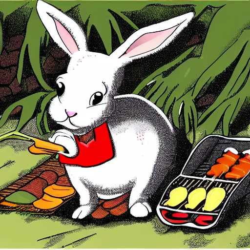 Prompt: cartoon of a pet rabbit sweating scared by the bbq grill