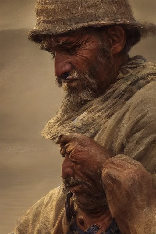 Image similar to mesopotamian fisherman, close-up portrait, poor, intricate, elegant, volumetric lighting, scenery, digital painting, highly detailed, artstation, sharp focus, illustration, concept art, ruan jia, steve mccurry and Irakli Nadar