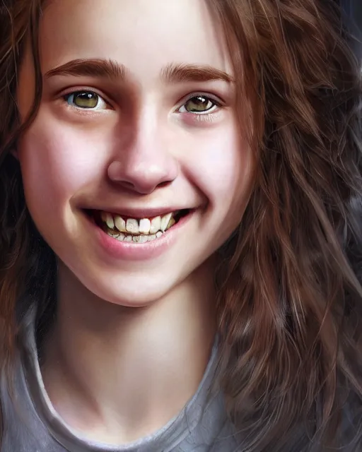 Image similar to close up portrait of 1 5 - year - old girl, smile with large front teeth, hermione granger, very bushy brown hair, and very bright brown eyes, wearing white shirt, hyper realistic face, beautiful eyes, character art, art by mark brooks, hyperdetailed, cryengine, trending on artstation, digital art