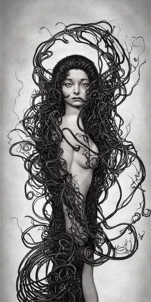 Image similar to a beautiful hyperrealistic portrait pose of a stunning Medusa model in a black glossy scaled dress, intricate, elegant, highly detailed, smooth, sharp focus, award-winning, masterpiece, in the style of Moebius, Brian Froud, John Bauer, Alphonse Mucha