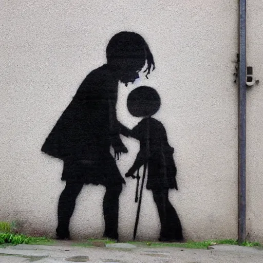 Image similar to a street art of thread connecting brother and sister by banksy