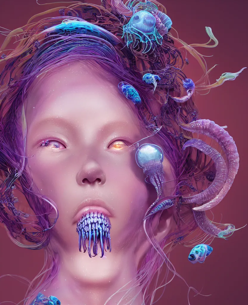 Image similar to goddess princess face close-up portrait ram skull. jellyfish phoenix head, nautilus, orchid, skull, betta fish, bioluminiscent creatures, intricate artwork by Tooth Wu and wlop and beeple. octane render, trending on artstation, greg rutkowski very coherent symmetrical artwork. cinematic, hyper realism, high detail, octane render, 8k