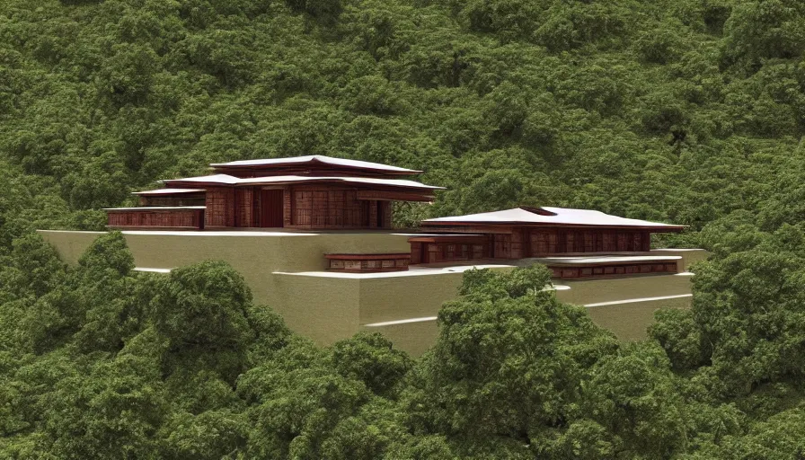 Prompt: small temple house inspired by tibetan architecture, on a green hill, overlooking a valley with trees, frank lloyd wright, realistic render, birdseye view