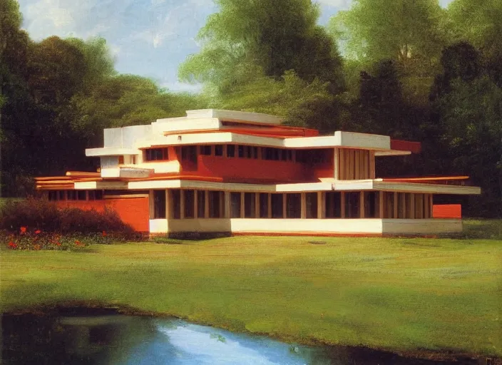 Image similar to painting of a frank lloyd wright house in cape cod by thomas cole