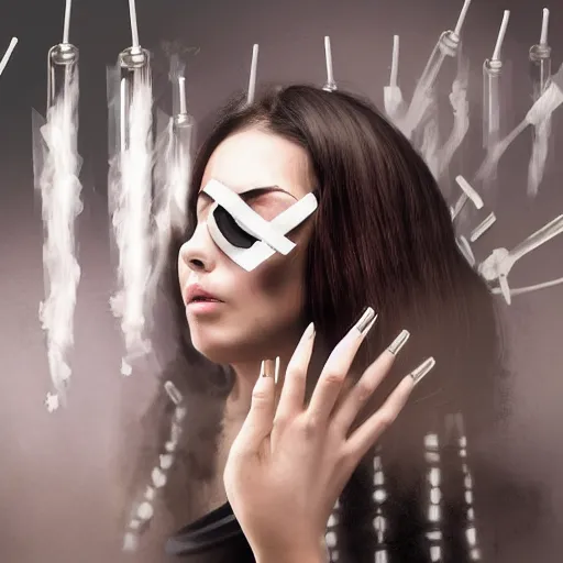 Image similar to full potrait of a woman.. Woman is wearing clothing covering the eyes. Wall of syringes in backround. Smoke effects forms question mark. Digital painting. Art station. Mood lighting. - h 1200