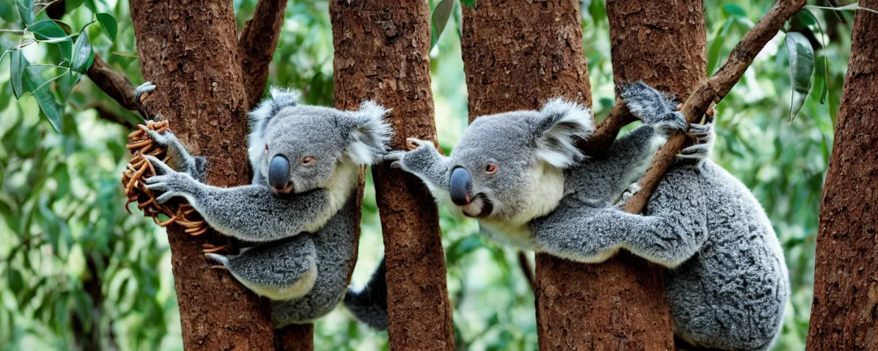 Prompt: 1 koala eating spaghetti from a tree, in the style of national geographic, canon 5 0 mm, film, kodachrome, retro, muted