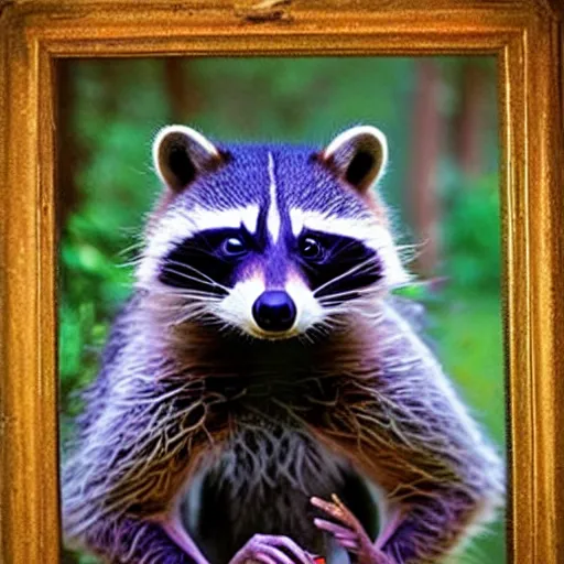 Prompt: a portrait photo of a beautiful racoon wearing a dress, hanging party decorations