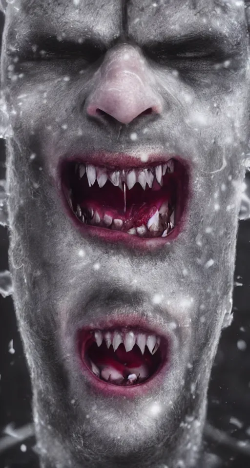 Prompt: up close shot of vampire fangs, vampire human, winter, dark scenery, dark lighting, cinematic, cold freezing nights, laser lights, crybernetic, top floor boss shit, destroy lonely, black floor, lavish, luxurious, marble walls, cinematic, hyper realism, high detail, octane render, 8 k