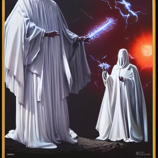 Prompt: A white robed cultist and a golden god in the darkness by Wayne Barlowe