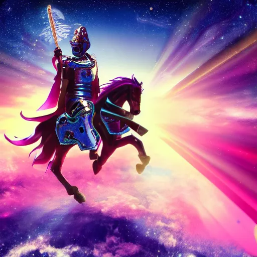 Prompt: A knight holding a sword while riding in a Pegasus through the galaxy, vaporwave, 4K