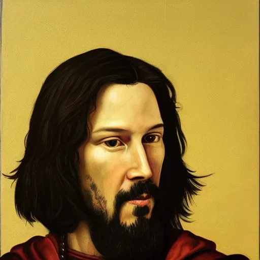 Image similar to a renaissance style portrait painting of Keanu Reeves