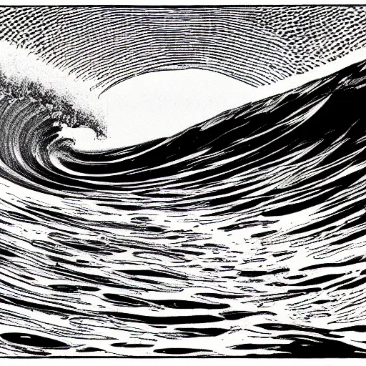 Image similar to ocean swells by Moebius, black and white, fine lines