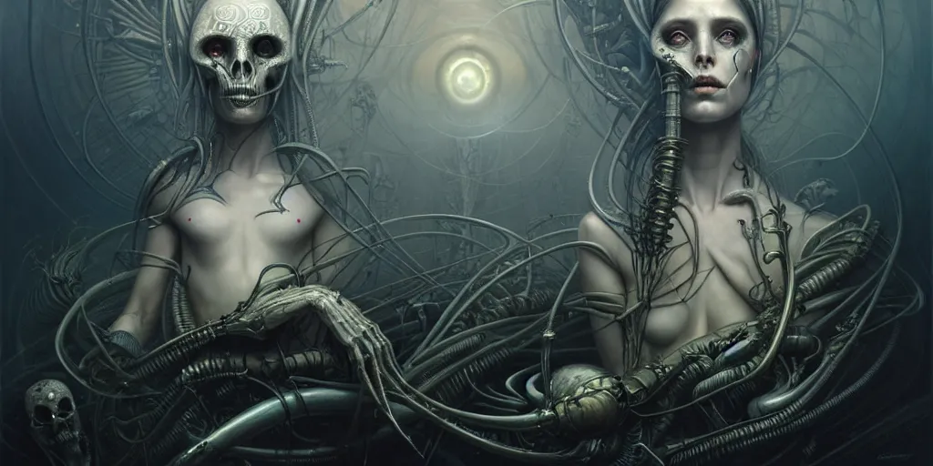 Prompt: shkkeled in the voied, by hr giger and cgsociety. stunning goddess of speed charlie bowater and tom bagshaw, insanely detailed, artstation, space art. atoms surrounded by skulls and spirits deep under the sea, horror, sci - fi, surrealist painting, by peter mohrbacher anato finnstark