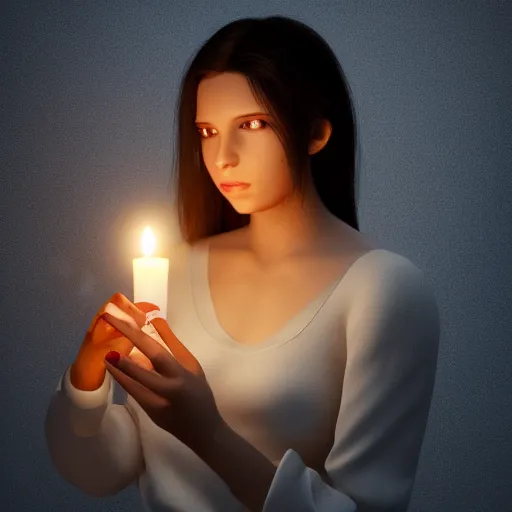 Image similar to portrait of a feminine young woman holding a lit candle, fragile, soft, vray, hyperdetailed, 3d character, game character