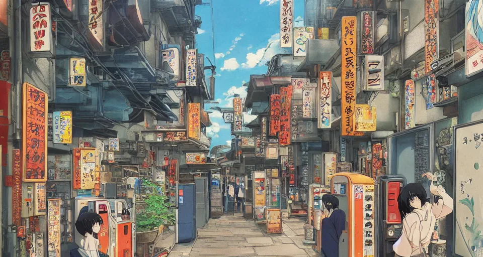 Prompt: beautiful anime painting of tokyo alleyway with vending machine, relaxing summer day, by Hayao Miyazaki. trending on Artstation, 8k, masterpiece, sharp, fine detail, full of color, visually stunning