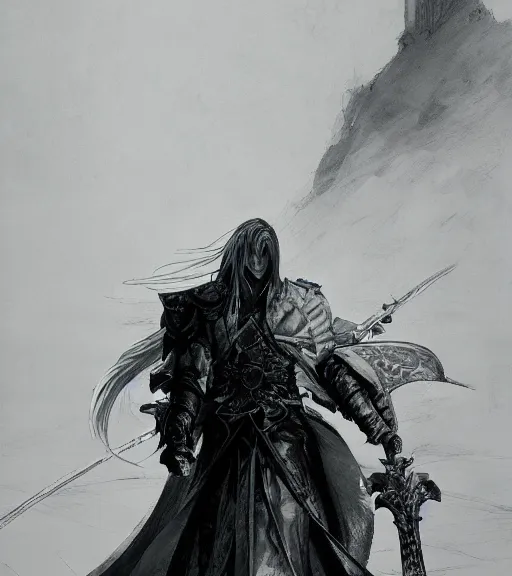 Image similar to sephiroth, pen and ink, intricate line drawings, by craig mullins, ruan jia, kentaro miura, greg rutkowski, loundraw