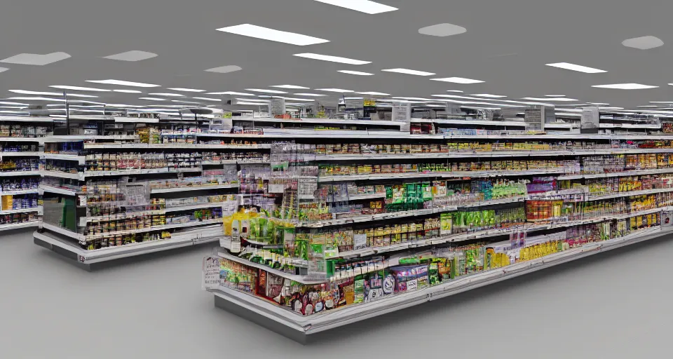 Image similar to vast futuristic supermarket with endless shelves, vray render, hyperrealistic