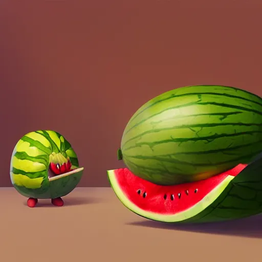 Image similar to Goro Fujita illustrating a rabbit eating a giant watermelon, art by Goro Fujita, sharp focus, highly detailed, ArtStation