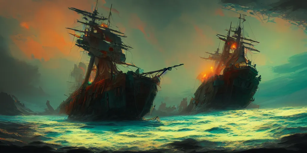 Prompt: concept art by jama jurabaev, cel shaded, cinematic shot, trending on artstation, high quality, brush stroke, vibrant colors, a ghost ship immersed in the mysterious sea bottom