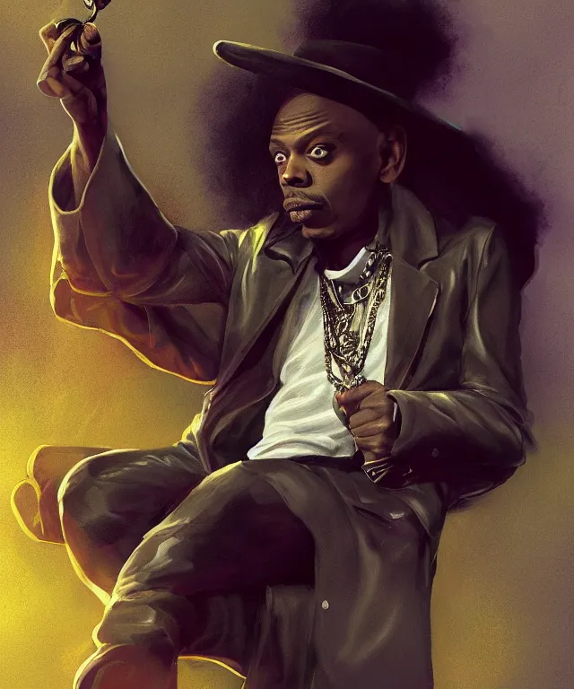 Image similar to dave chappelle, cinematic, as rick james, on a velvet couch, elegant, highly detailed, digital painting, artstation, smooth, hard focus, illustration, art by jessica rossier and and brian froud